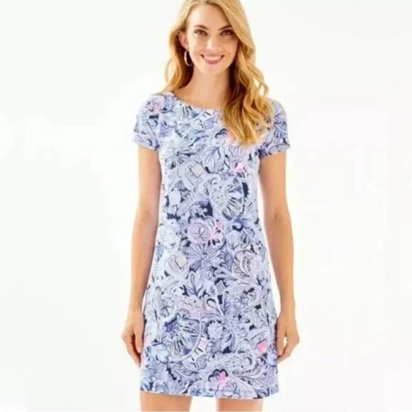 Lilly Pulitzer Short Sleeve Bay Dress Iris Blue Namastay In The Jungle MEDIUM - Picture 2 of 13